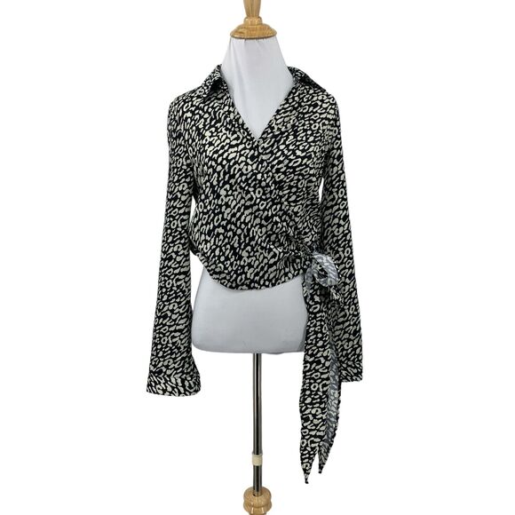 Pretty Little Thing Avalyn Wrap Blouse Womens 2 Cream Black Leopard Tie Front - Picture 1 of 15